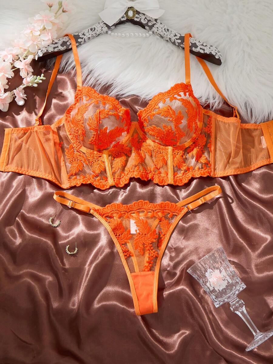 1 Set Of 2-Pieces Elegant French Style Bright Orange Embroidered Mesh Lingerie Set - Burnt Orange - View 1