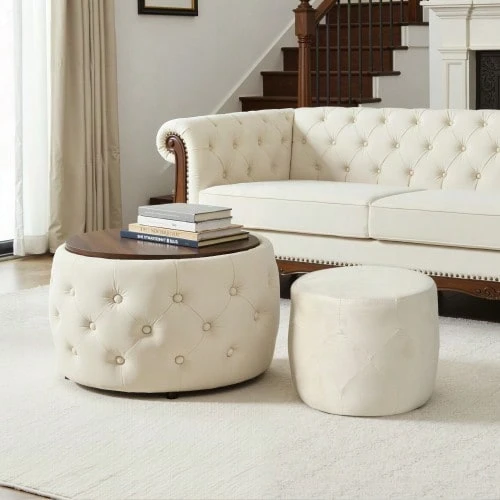 Luxurious 2-Piece Set Of Nesting Stools In Velvet, 4-In-1 Function, Round Storage Footstool With Wooden Shelf, No Assembly Required, Beige (58 Cm X 58 Cm X 38 Cm) - Beige + Velvet + Modern - View 1