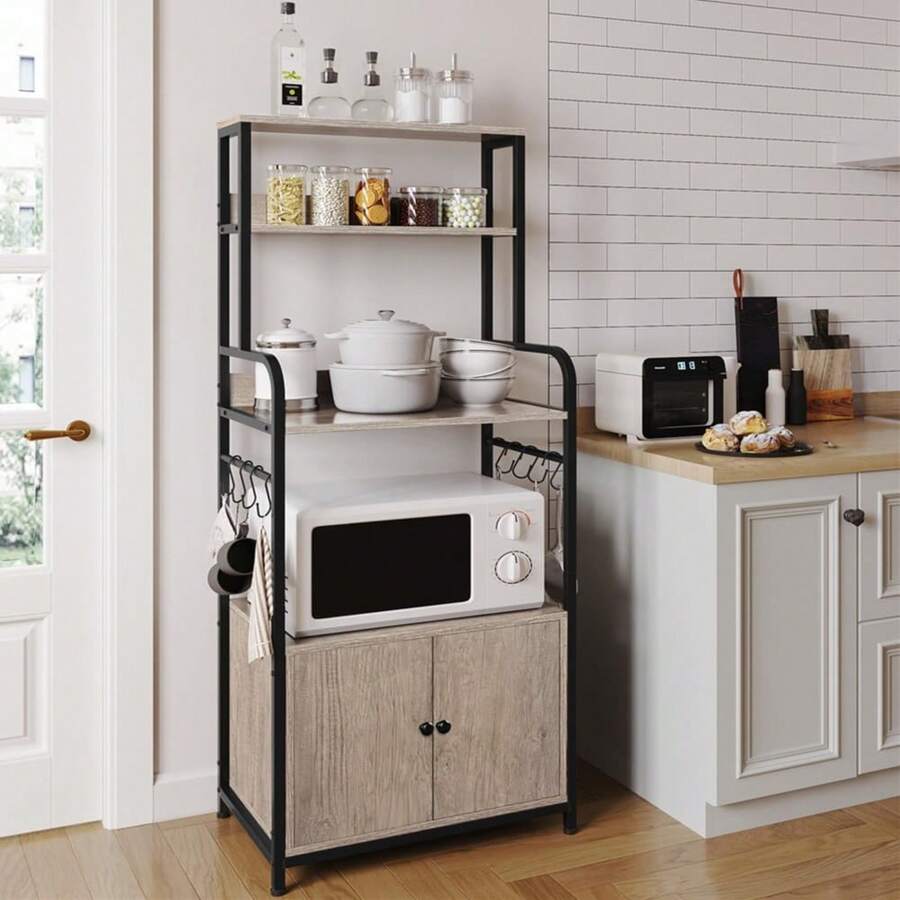4-Tier Kitchen Bakers Rack With Storage Cabinet And Hutch, Microwave Oven Stand Coffee Bar Pantry Cabinet With 8 S Hooks, Freestanding Kitchen Shelves Spice Rack, Gray - Default - View 1