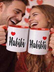 2个装，11盎司阿拉伯语“Habibi & Habibti”手写情侣马克杯套装，心形设计，陶瓷杯套装，送给爱人、情侣、男女皆宜 - 保温可重复使用，情人节、生日、圣诞节、母亲节、父亲节、毕业典礼礼物，冷热饮皆宜，多功能，可用于咖啡、茶、热巧克力、夏季果汁，旅行、露营、运动、上学和日常使用。 - 彩色 - 查看 4