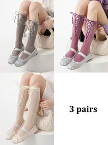 1/3 Pairs Spring/Summer Thin Knee-High Socks, Ballet-Style Criss-Cross Leg Warmers, Lolita Bow Knee Socks, Mesh Hollow Thigh-High Socks, No-Show Ankle Socks, Straight-Cut Socks - Multicolor - View 23