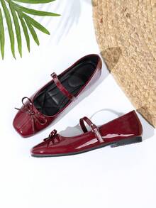 新款蝴蝶结方头平底玛丽珍鞋，复古法式风格，女士款 - 酒紅色 - 查看 4