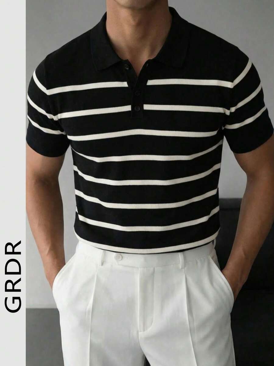 Áo polo nam GRDR kẻ sọc mùa hè, phù hợp cho các dịp công sở, ăn tối và hẹn hò. - màu đen - Xem 1