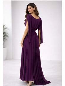 Long Pleated V-Neck Dress, Perfect For Bridesmaids, Weddings, Graduations, And Parties - 紫色 - 查看 1