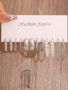 12-24pcs Set Elegant Metal Hypoallergenic Layered Earrings For Women, Minimalist Geometric, Oversized Hoops, Faux Pearl Design, Suitable For Daily Wear And Parties - Silver - View 7