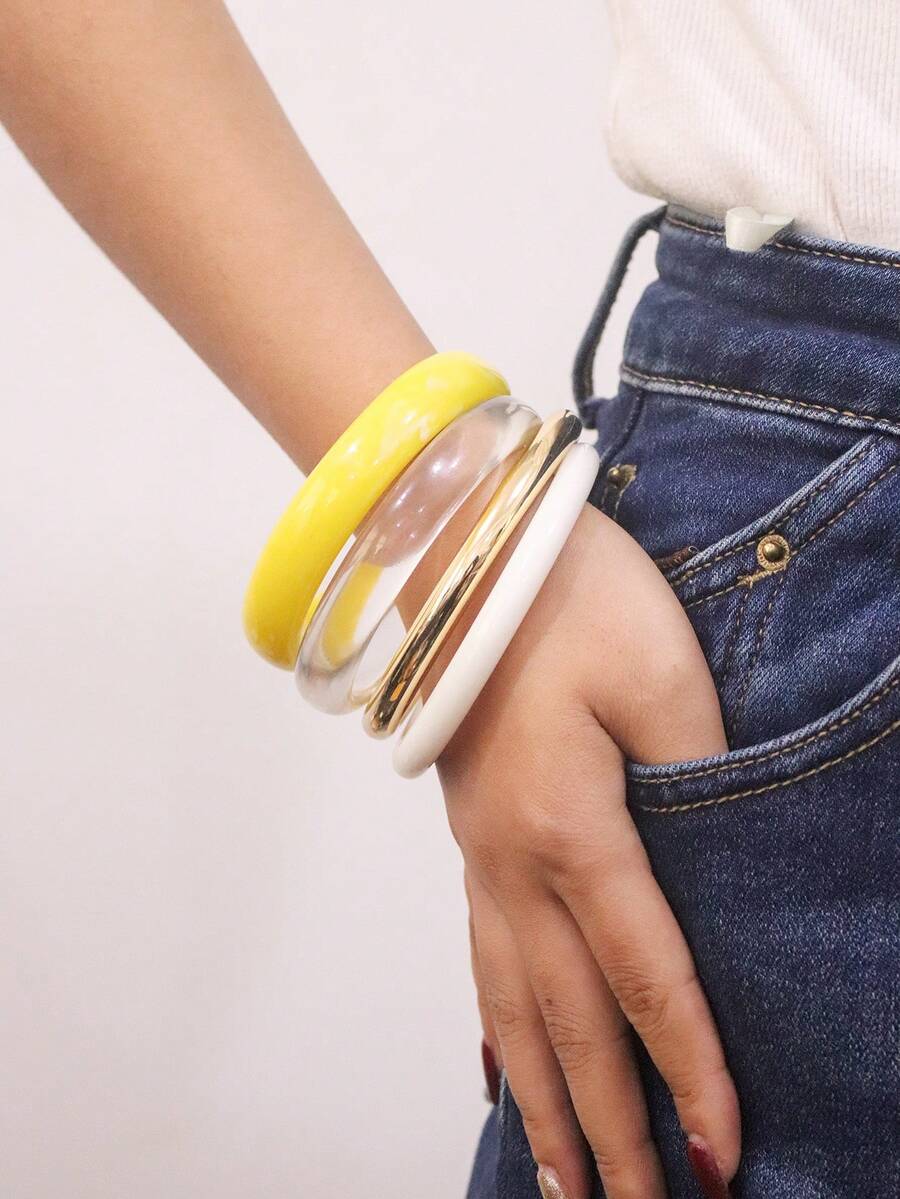 4pcs Elegant Vintage Bracelet Set, Fashionable Minimalist Design, Suitable For Casual Wear, Acrylic, Perfect For Daily And Party - Yellow - View 1