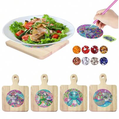 4件套钻石画艺术杯垫，海龟图案，木质，方形中心装饰带把手，适用于厨房、餐桌、派对和礼品