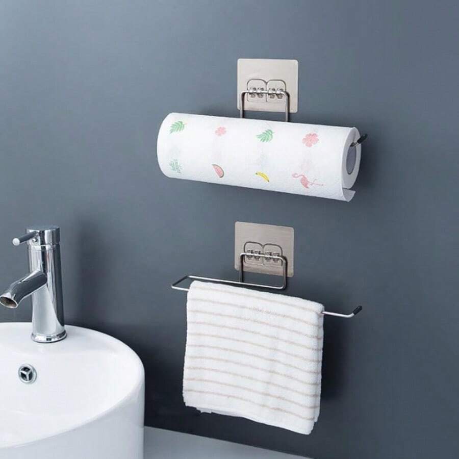 懒人布架，不锈钢纸巾架 - 保鲜膜架 - 抹布架，一次性抹布架，浴室毛巾架 - 免钻孔不锈钢家居收纳整理架