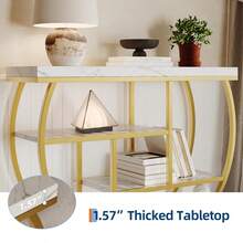 Mesa de entrada con espacio de almacenamiento, consola estrecha industrial de 4 niveles detrás del sofá con base semicircular y estantes para sala de estar, pasillo y recibidor - Oro y blanco - Ver 3