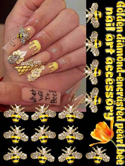 10pcs Charming Gold Alloy Bee Sparkling Rhinestone Bee Nail Accessory Set, Inlaid With Rhinestones And Resin Beads, Alloy Base, Spring And Summer Japanese Style Luxurious And Fashionable 3D Gemstone Bee Nail Decoration Design Accessories Without Fragrance, Handmade DIY Nail Phone Case Art Design Accessories, Women's And Girls' Nail Accessories, Nail Gems And Decorations.