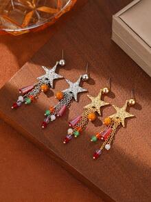 1对女士星形链条流苏耳环，波西米亚风海星流苏串珠耳环，适合夏季海滩度假、婚礼/圣诞节/周年纪念日/情人节等场合佩戴，优雅珠宝礼品 - 海星流蘇耳環 - 查看 2