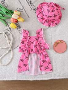 Cute Cat & Dog Bow Print Hat Dress - Rose Red - View 3