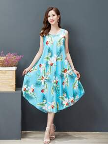 Summer New Style Elegant Women's Round Neck Printed Sleeveless Long Skirt Dress Spring Outfits For Women Primavera A Verano Resort Wear Women Mardi Gras Dresses For Women Vestidos Elegantes De Mujer Y2k Clothes Women Easter Dresses For Women Easter Outfit Women Women Clothes - 藍色 - 查看 5