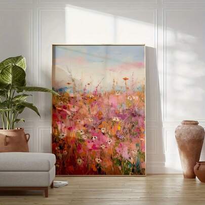 One Frameless Poster With 2D Flat Patterns Featuring Pink Spring Wildflowers. Perfect For Adding A Vibrant Bohemian Touch To Your Decor. Ideal For Dormitories, Apartments, Living Rooms, Bedrooms And Home Decoration.