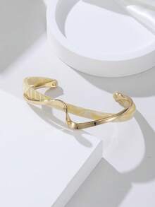 1 pieza Pulsera de estructura abierta, elegante y delicada para damas, pulsera de apertura de onda de dos tonos de doble capa, diseño de onda de doble capa, regalo conmemorativo de vacaciones - pulsera - Ver 3