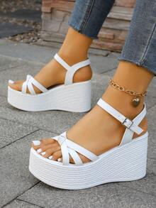 Women's Platform Thick Strap Wedge Sandals, Dark Fashionable,Summer Outfits - White - View 3