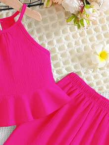 Young Girl' Summer Sleeveless Ruffled Hem Solid Color Casual Jumpsuit - Hot Pink - View 4