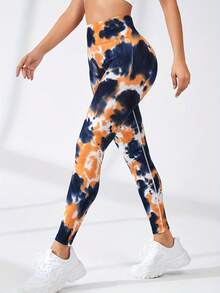 High-Waisted Yoga Pants For Women  Opaque Athletic Trousers With Navy Blue And Orange Tie-Dye Pattern, Elastic And Moisture-Wicking Material, Ideal For Gym Workouts, Running, And Pilates - Versatile Fitness Apparel For All Seasons - 風格 - 查看 4