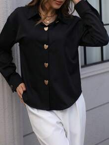 Women's Elegant Chic Versatile Heart Single-Breasted Long Sleeve Shirt Blouse, Solid Color With Zipper Spring Black - Black - View 3