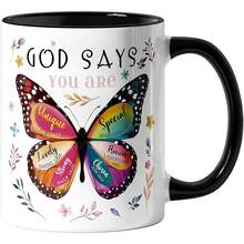 11盎司陶瓷励志印花咖啡杯，宗教女性主题，双面印花，可重复使用，微波炉和洗碗机适用，生日/母亲节礼物 - 黑色 - 查看 1