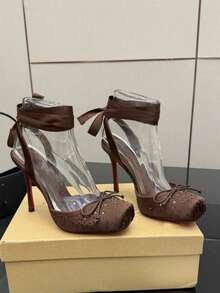 Giày sandal cao gót kiểu Pháp thắt nơ quai mảnh, đế đỏ, mẫu mới mùa xuân sớm dành cho nữ. - màu nâu - Xem 7