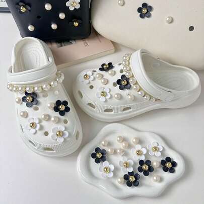 20件黑白雏菊珍珠水钻鞋链装饰，鳄鱼鞋饰，包包配件，适用于花园鞋、凉鞋、木屐、拖鞋、沙滩包，可爱的节日和生日礼物