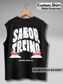 Oversized Sleeveless Streetwear Tank Top With Gym Phrase, Viral Flavor, Workout Print, Bodybuilding Style, 100% Cotton - màu đen - Xem 3