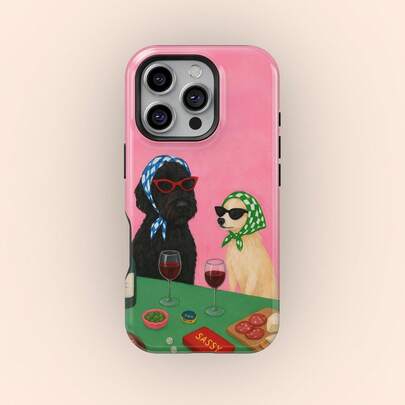 Shockproof Dog Element Fashion Whimsical Vintage Dog Wine Party Phone Case Funny Sassy Puppy Phone Cover Compatible With IPhone 17 16 15 14 Pro Max Plus 13 12 11 Spring