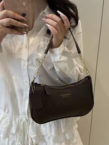This Fashionable, Classic And Versatile Letter Graphic Design Solid Color PU Waterproof Material Crescent-Shaped Shoulder/Underarm Bag Is Suitable For Shopping And Can Be Worn Crossbody. - 黑色 - 查看 8