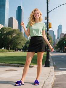 Dép đế bằng mũi tròn họa tiết hoa 3D cho nữ, dép xỏ ngón hở mũi, dép đi biển đi chơi mùa hè, màu trơn - Màu xanh lam - Xem 9