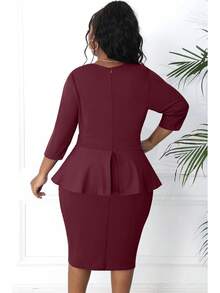 Plus Size Vintage Peplum Pencil Dress For Work Or Church - 酒紅色 - 查看 5