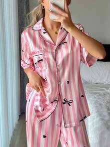 2pcs/Set Pink Striped Butterfly Pattern Versatile Minimalist Commuting Lapel Short Sleeve Top And Pants Women Pajama Set - Pink - View 5
