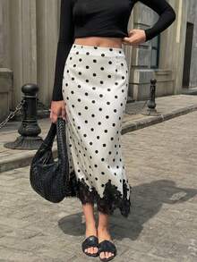 女士高腰中长裙 白色带黑色波点蕾丝边缎面风格优雅半身裙 适合派对、约会、休闲办公、日常穿着 (YY1249) 度假 - 淺杏色 - 查看 10