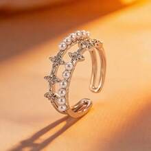 1pc S925 Silver Geometric Double-Layer Design Cubic Zirconia Ring, Adjustable Open Band, Elegant & Classy Daily Wear Jewelry For Women - Silver - View 3