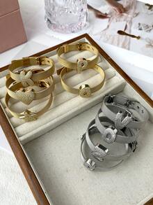 1pc Creative Fashion Elegant Design Exquisite Light Luxury Titanium Steel Inlaid Synthetic Zirconia 26 Alphabet Bracelet For Women Couple Jewelry Delicate Gift, Suitable For Mother's Day,Daily Dates, Parties, Summer, Beach,Holidays, Wedding, Vacation Wear - Gold - View 2