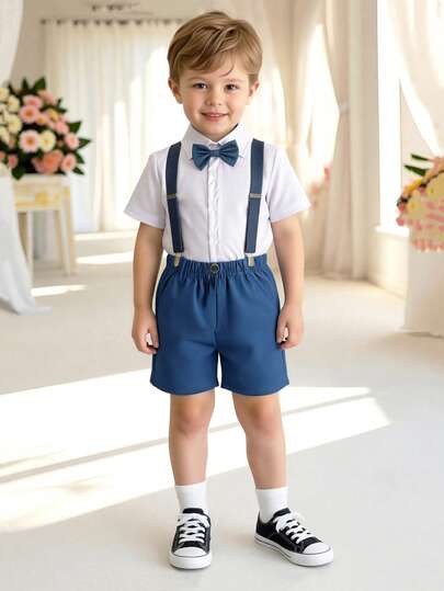 两件套男童优雅绅士套装，百搭白色可调节领短袖衬衫+蓝色背带短裤，适合返校、婚礼、学校活动、演出、派对、正式场合、休闲穿着。