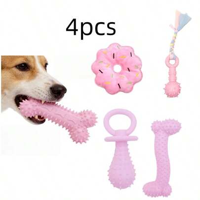 Puppy Toys, Soft Rubber Puppy Teething Toys In Pink, Clean And Care Teeth, Interesting Bone Shaped Ball, Rubber Rope, Suitable For Small Cats And Dogs