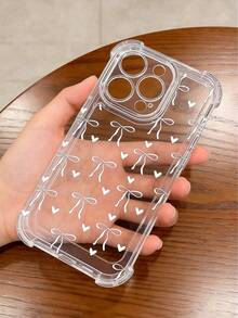 Cute Bow & Heart Design Transparent Phone Case, With Shock-Proof Edges, Compatible With IPhone 17/17Pro/17ProMax/16/16Pro/16ProMax/14/15/16/16 Pro Max/12 Pro/11/Xr/Xs/7/8 Plus - Durable TPU Material Protective Cover - White - View 1