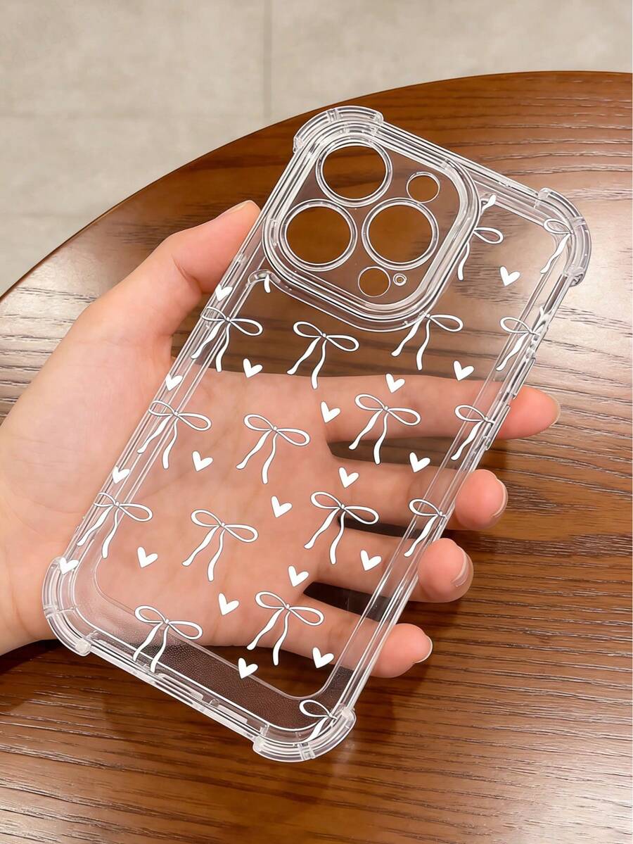 Cute Bow & Heart Design Transparent Phone Case, With Shock-Proof Edges, Compatible With IPhone 17/17Pro/17ProMax/16/16Pro/16ProMax/14/15/16/16 Pro Max/12 Pro/11/Xr/Xs/7/8 Plus - Durable TPU Material Protective Cover - White - View 1