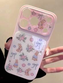 Luxury Cute Pink Flower Rabbit Bow Plaid Large Window Phone Case Compatible With IPhone 17 Pro Max 16 15 14 Pro Max Fashion Freshness White Background Pink Border Shockproof Back Cover - Pink - View 4