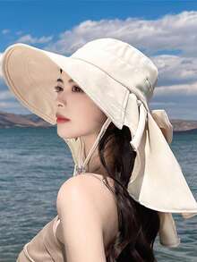 1顶韩式宽檐遮阳帽，配有可拆卸披肩，优雅波西米亚风格设计，轻盈透气的涤纶面料，UPF 50+ 防紫外线，全天舒适佩戴 - 彩色 - 查看 2
