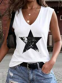 Women's Summer Star Print V-Neck Batwing Sleeve Loose T-Shirt, Business Casual Commuting Fashionable Comfortable Beach Top White - White - View 6
