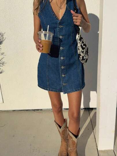 Women's Spring/Summer Denim Dress: Button-Front, Back Waist Tie, Vintage-Style Fashion Dress