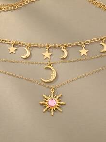 1pc Star, Moon, Sun Multi-Layer Necklace, Middle Eastern Eid Festival Gift, Summer Holiday Accessory - Sun - View 5