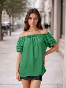 Camicetta da donna a balze con maniche a volant - Top con scollo a U e spalle scoperte - Maglietta estiva a maniche corte multistrato - Maglietta casual dalla vestibilità ampia - Verde - Visualizzare 1