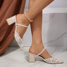 FVPFVP 2026 Zapatos de novia de malla blanca francesa bordada de verano, sandalias de tacón de gatito de encaje de tacón alto para novia - Beis - Ver 5