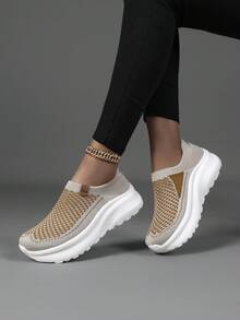 女士步行跑鞋、慢跑运动鞋、越野跑鞋，弹性面料，透气网眼 - 杏色 - 查看 1