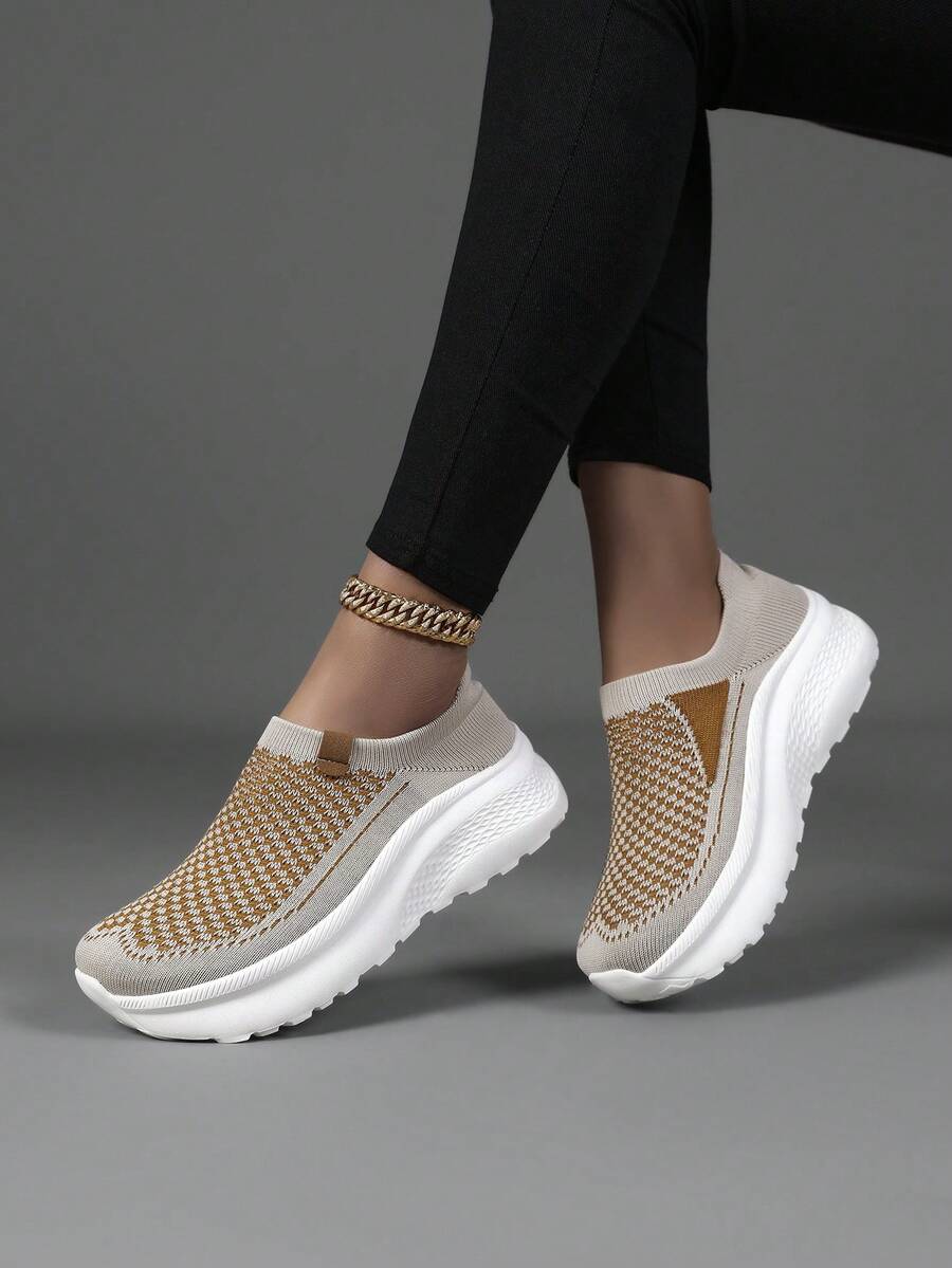 女士步行跑鞋、慢跑运动鞋、越野跑鞋，弹性面料，透气网眼 - 杏色 - 查看 1