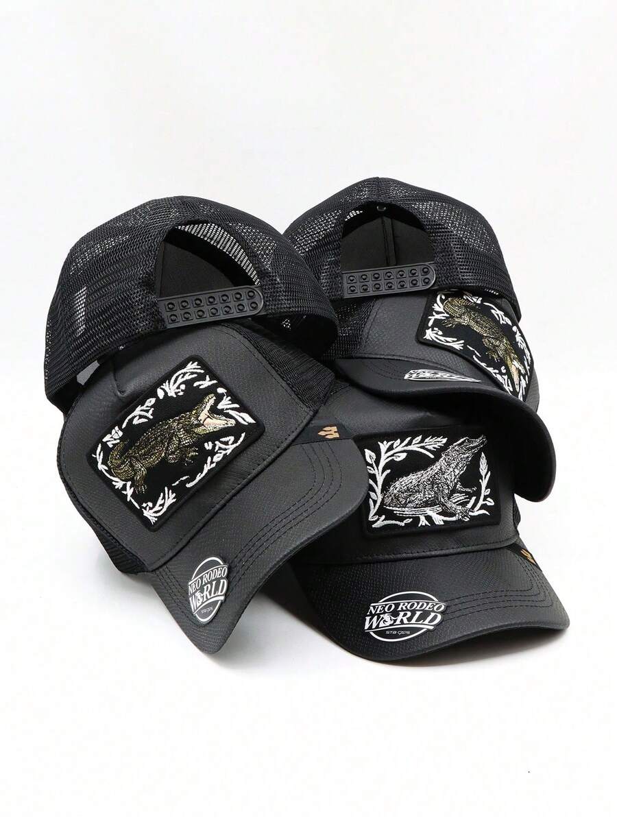 Set de 5 Gorras Trucker Unisex con Bordado de Cocodrilo | Cachucha tipo Charro con parche de animal | Gorra de Béisbol ajustable para Hombre y Mujer - Negro - Ver 1