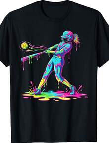 Softball Player Girl Ice Cream Softball Drip T-Shirt - Black - View 1